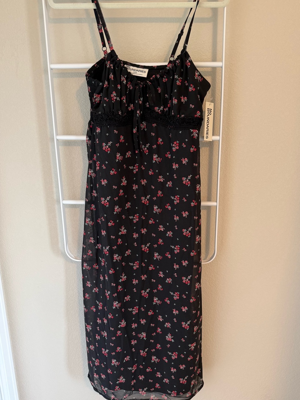 No Boundaries Black Midi Slip Dress with Pink Floral Print